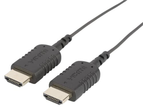 Black HDMI high-speed connection cable with Ethernet, featuring two gold-plated connectors and a durable, flexible rubberized exterior.