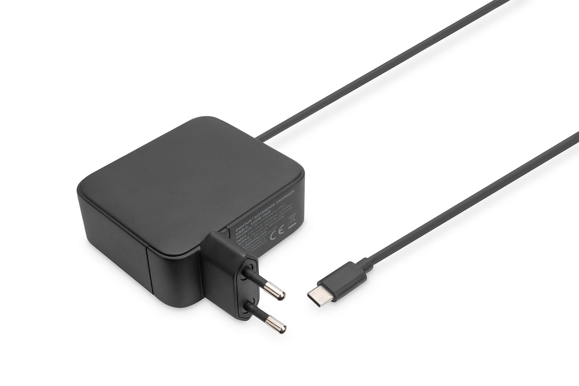 Black Digitus Notebook Charger with a compact design, featuring a USB-C output and a two-prong plug, labeled with specifications on the side, and a flexible cable.