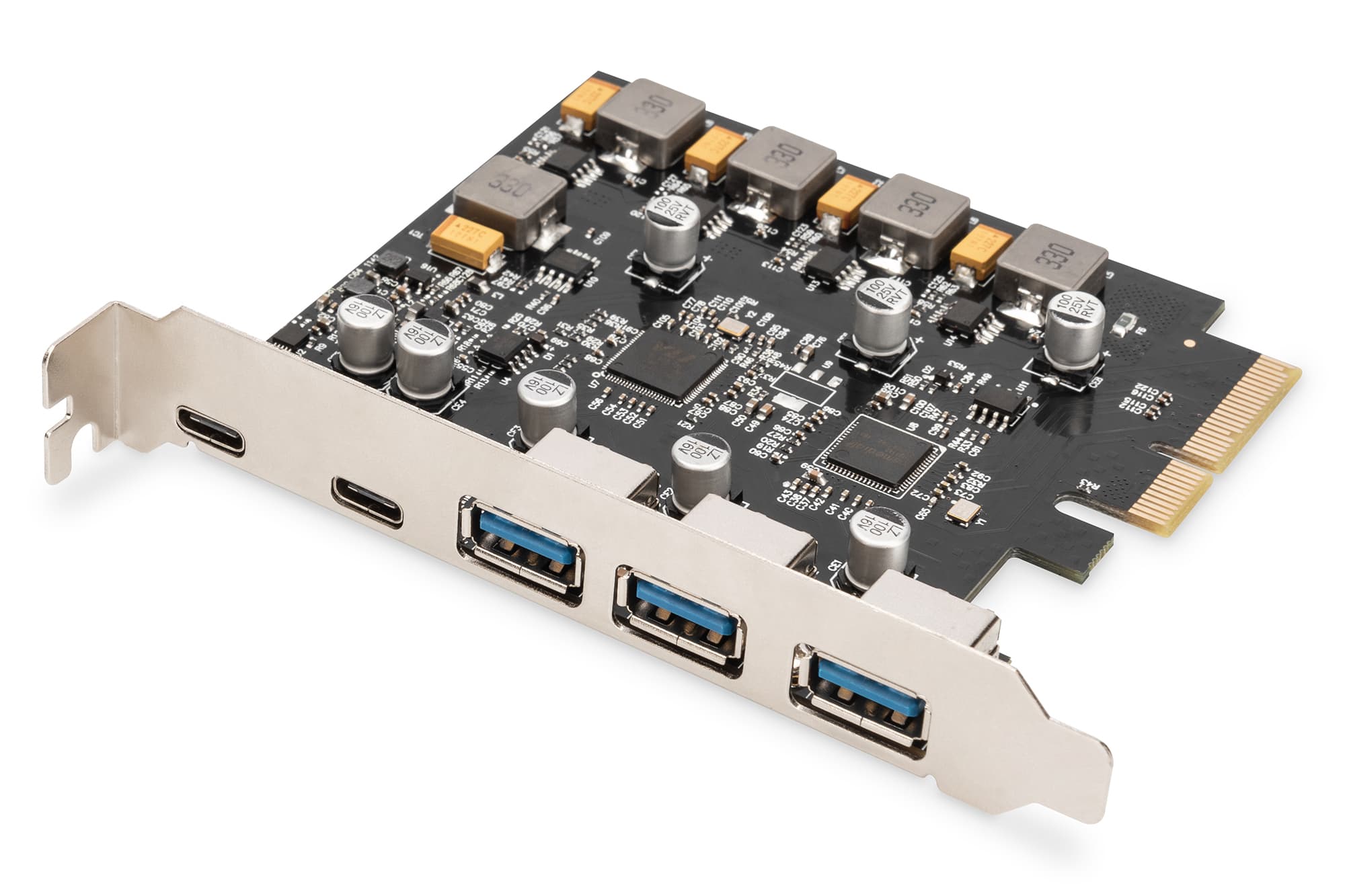 Digitus PCIe card featuring two USB-C ports and three USB-A ports, with a black circuit board, metallic connectors, and gold PCIe interface.