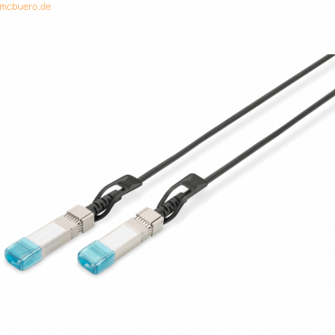 Black 10-meter Direct Attach Copper cable with two metal connectors, featuring blue plastic ends, designed for 10 Gbit/s network connections.