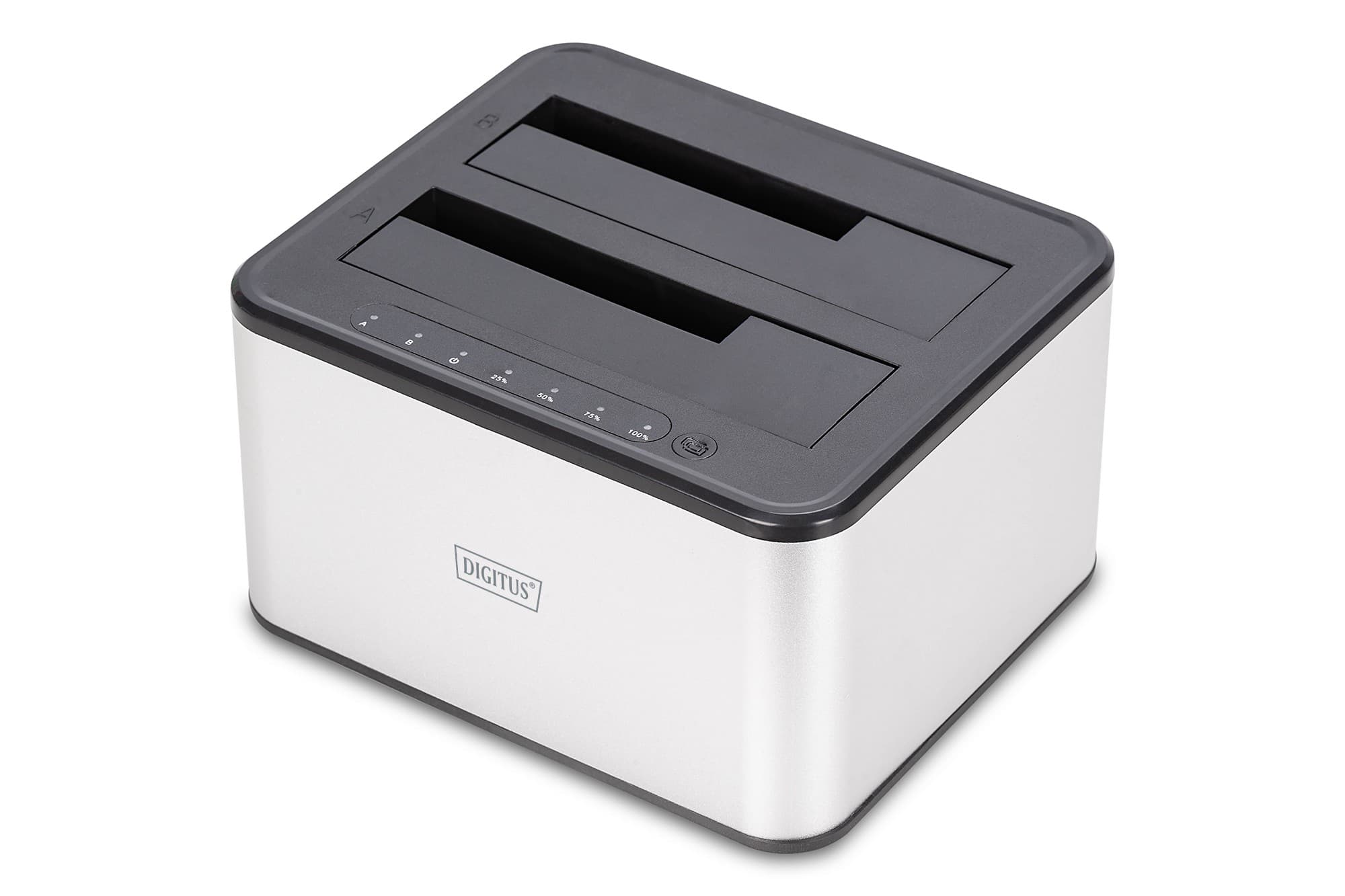 Silver and black Digitus USB 3.0 Dual SATA HDD Docking Station with two slots for 2.5"/3.5" drives and LED indicators on the front panel.