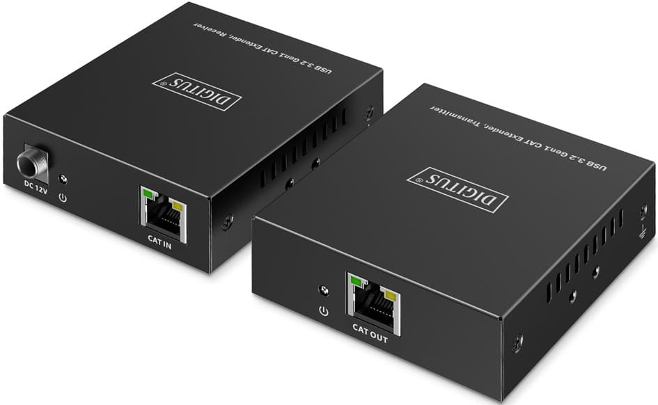 Digitus USB 3.2 Gen1 CAT Extender in a black metal casing with two units; features 4 ports (3x USB-A, 1x USB-B) and Ethernet connections for data transmission.