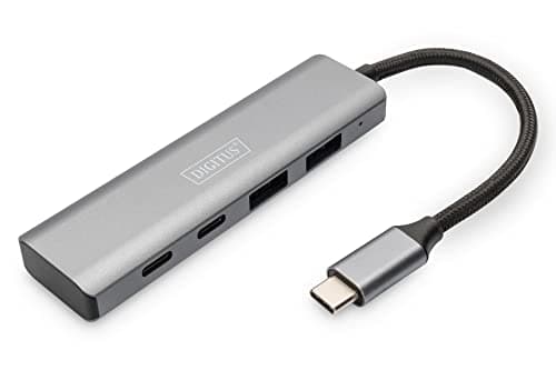 Dark grey aluminum USB 3.1 hub with four ports, featuring a sleek design and a braided cable ending in a USB-C connector.