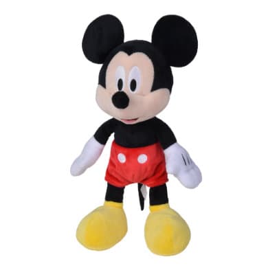 Plush Mickey Mouse toy, 25 cm tall, featuring black ears, red shorts with white buttons, white gloves, and yellow shoes, made from soft fabric.