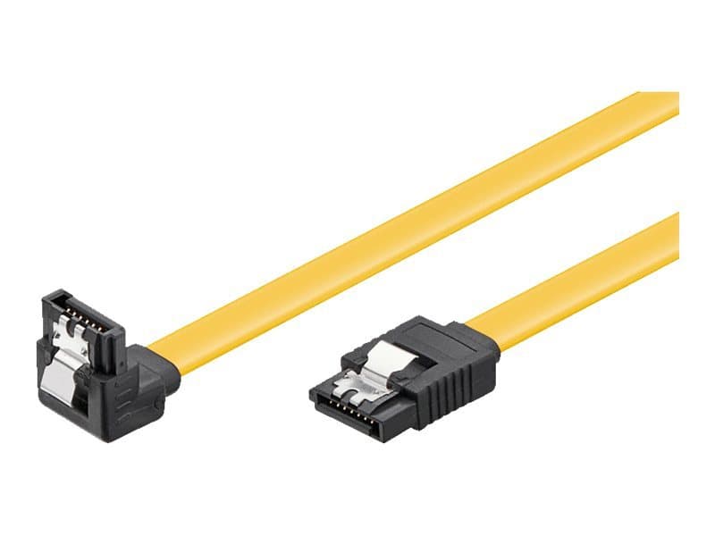 Yellow SATA3 cable, approximately 30cm long, featuring two black connectors with down clips for secure internal connections.