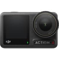 Black DJI Osmo Action 4 camera with wide lens, front display, and "Action 4" branding on the front panel.