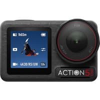 Black DJI Osmo Action 5 Pro camera with front display, large lens, and red accents on a compact rectangular body.