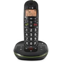 Black Doro PhoneEasy 105wr DECT telephone with large buttons, orange backlit display, and caller ID on charging base.