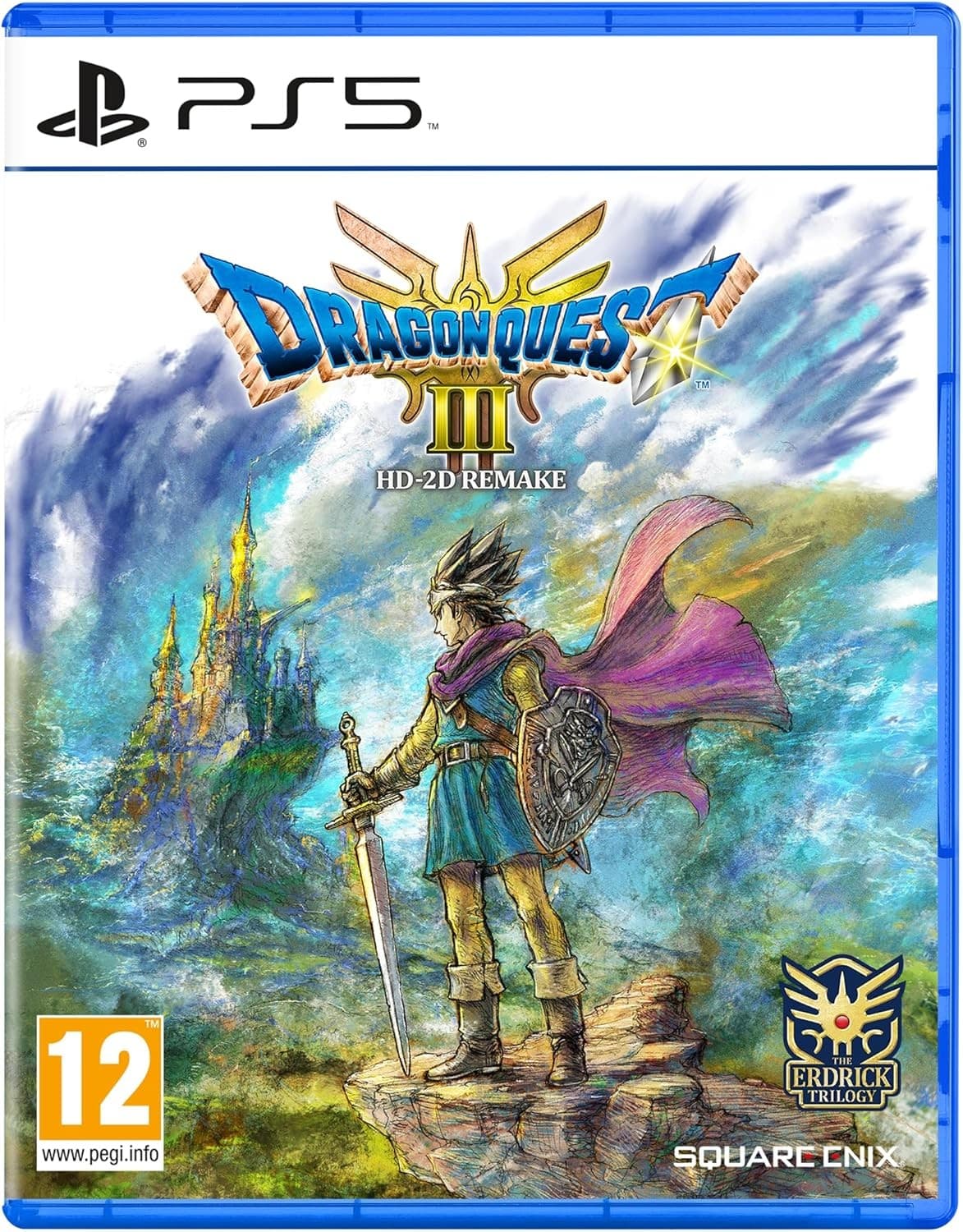 Dragon Quest III Remake for PS5 features vibrant artwork with a hero in a cloak holding a sword, set against a fantastical landscape, with the title prominently displayed at the top.