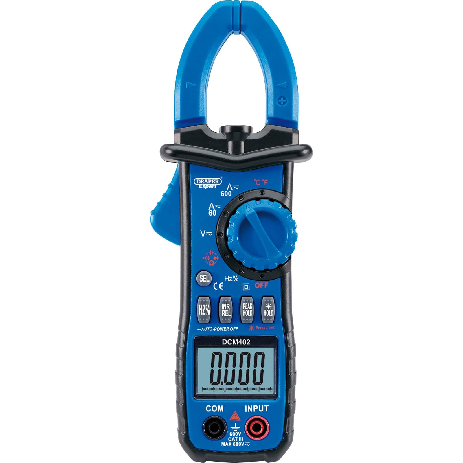 Draper Expert 41967 digital clamp meter in blue and black, featuring an LCD display, auto-ranging function, and selection buttons for measuring current and voltage.