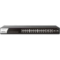 Black DrayTek G1282 1U managed gigabit Ethernet switch with 24 ports and LED indicators on the front panel.