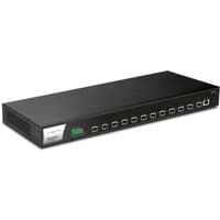 Black Draytek VigorSwitch FX2120 with 12 ports, rack-mountable, sleek design, silver label on the left side.