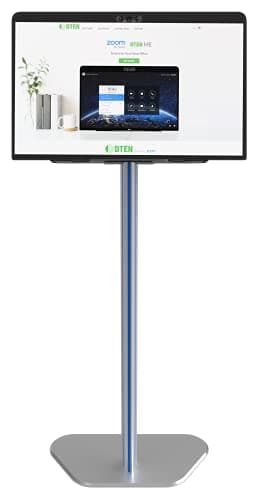 DTEN Me Tabletop Stand features a sleek silver base, a tall vertical pole, and a black screen displaying a Zoom interface, ideal for video conferencing.