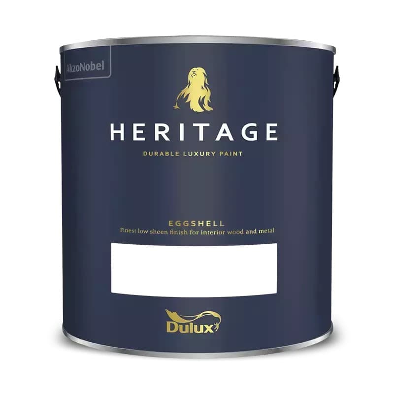 Dulux Heritage Eggshell paint can in Pugin Red, 2.5L size, featuring a durable low-sheen finish, designed for wood and metal interior trim, with a navy blue label and logo.