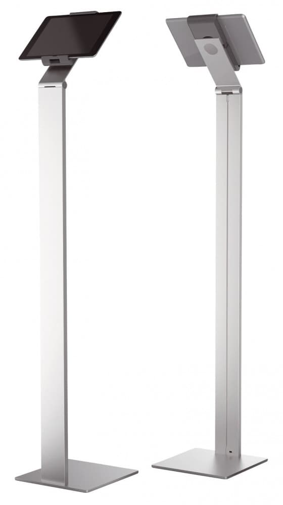 Durable tablet stand in silver metal, featuring a sleek design with a sturdy base, adjustable height, and a secure holder for tablets, ideal for presentations or displays.