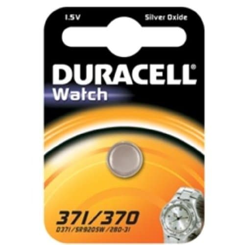 Duracell D371 silver-oxide single-use battery on a vibrant orange and black packaging, featuring the brand logo and compatibility details for watches.