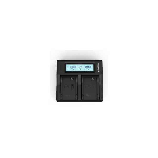 Duracell DRC6104 battery charger in black with a blue LED display, featuring two slots for charging batteries and indicator lights for charge status.