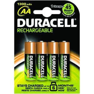 Four Duracell HR6-B rechargeable AA batteries in a black and yellow packaging, featuring a capacity of 1300 mAh and a claim of lasting up to 6 months on a single charge.