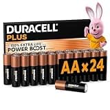 Duracell Plus AA batteries 24 pack, black and copper design, with Power Boost, in eco-friendly packaging.