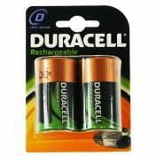 Two Duracell rechargeable D size batteries in a blister pack, featuring a black and green design with orange accents and labeled "Rechargeable."