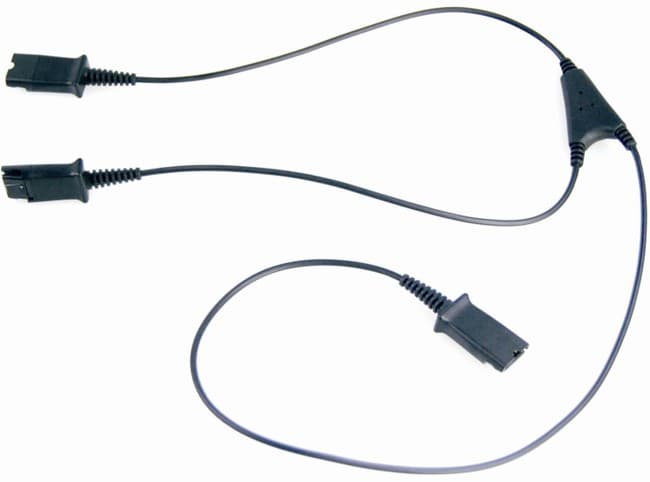 Black Y cable with three connectors, featuring two male ends and one female connector, designed for audio communication systems.