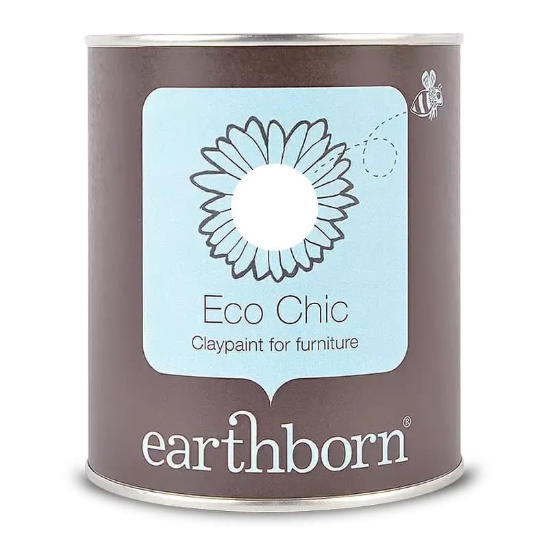 Brown paint can with a light blue label featuring a daisy design, labeled "Eco Chic Claypaint for furniture," promoting eco-friendliness and low-VOC features.