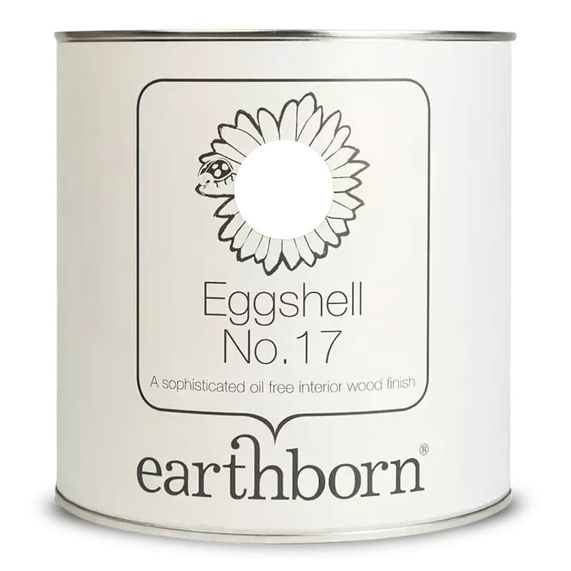 White paint can labeled "Eggshell No. 17" by Earthborn, featuring a sunflower graphic and text, highlighting its eco-friendly, low-VOC, and durable silk finish qualities.