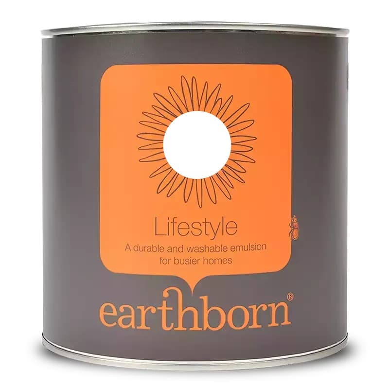 Earthborn Lifestyle Emulsion Paint in a 5L can with a dark grey body and bright orange label featuring a sun design, labeled as eco-friendly and washable for walls and ceilings.