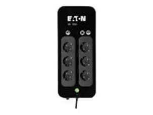 Black power strip with six AC outlets, labeled controls, and a green indicator light, designed for compact use with a sleek, modern appearance.