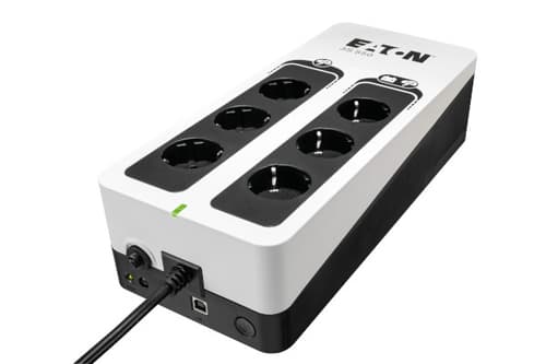 Eaton 3S550D UPS in sleek white and black design, featuring four outlets, a power button, USB port, and LED indicators for battery status and power.