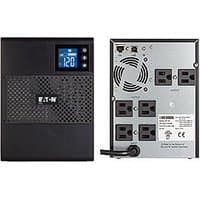 Black Eaton 5SC750 UPS with LCD display, vented front, and six rear AC outlets with power cord.