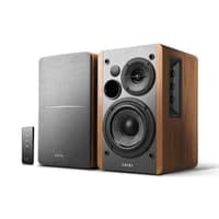 Maple wood-finished speakers with a black front panel, featuring a 4-inch woofer and a 13mm tweeter, accompanied by a remote control for easy operation.