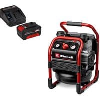 Red and black Einhell cordless air compressor with dual gauges, metal frame, and battery pack.