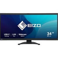 EIZO FlexScan EV3450XC-BK monitor, 34.1" ultrawide screen, black frame, USB-C, LAN port, built-in webcam.