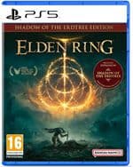 Elden Ring: Shadow of the Erdtree Edition for PS5 features a mystical golden emblem on a dark background, with a silhouette of a character and vibrant artwork showcasing the game's fantasy theme.
