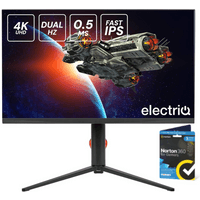 27" electriQ monitor, slim bezel, spaceship graphic, dual-mode 4K at 160Hz, Full HD at 320Hz, black stand.