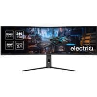 Curved electriQ 49" UltraWide monitor with dual QHD, 240Hz, USB-C, KVM switch, and sleek black stand.