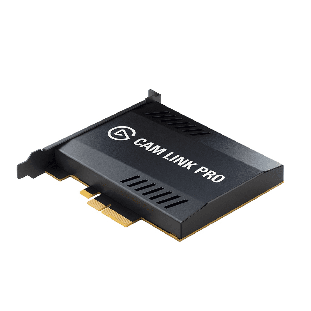 Elgato Cam Link Pro 4K Ultra HD is a sleek black PCIe capture card with ventilation slots and a gold connector, designed for high-quality video streaming and recording.