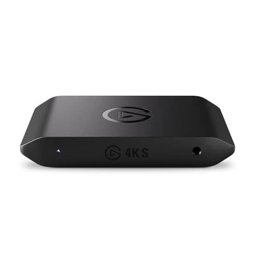 Black Elgato Game Capture 4K S card featuring a sleek, compact design with a logo on top, a blue LED indicator, and a headphone jack on the front.