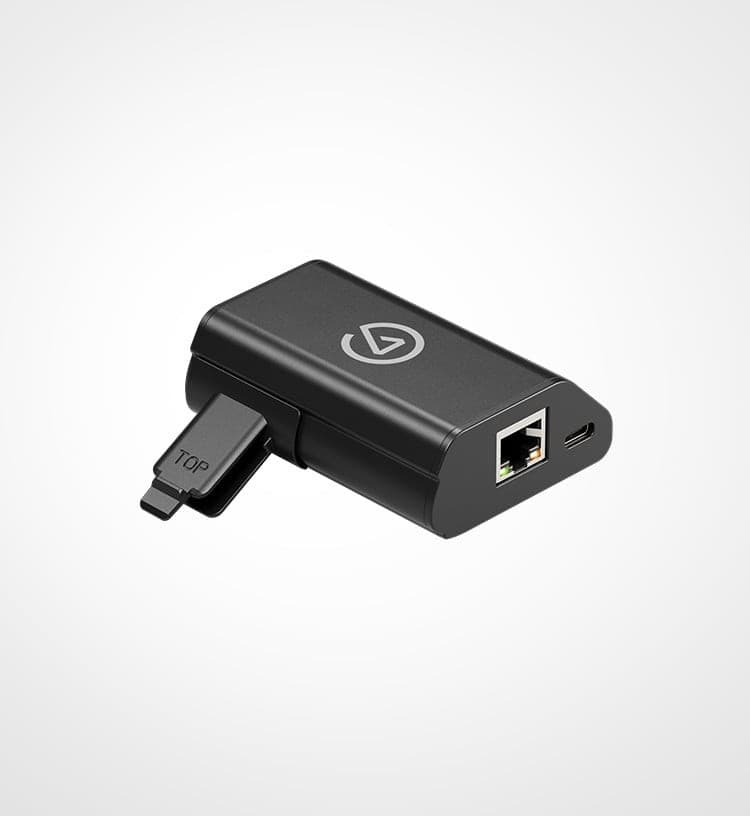 Black Elgato Stream Deck Network Dock featuring a sleek design, PoE support, an Ethernet port, and a USB-C connection, with a flip-out stand labeled "TOP."
