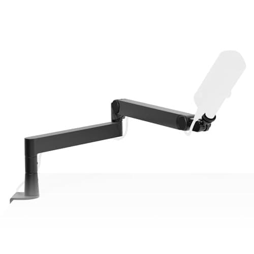 Black adjustable microphone arm with a sturdy base and multiple pivot points, designed for optimal positioning and stability, suitable for various microphone sizes.