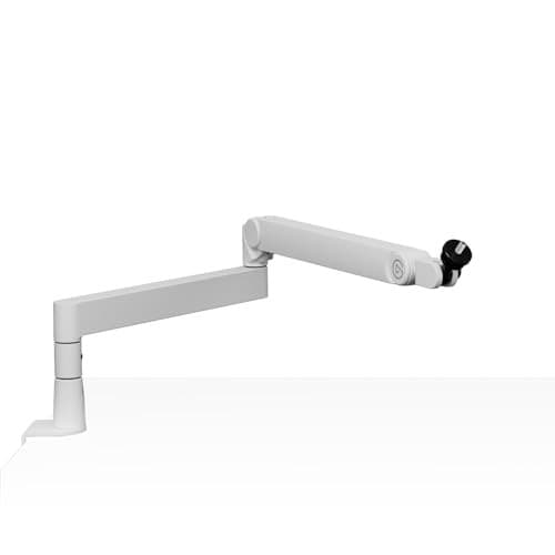 White Elgato Wave Mic Arm Pro with a sleek, adjustable design, featuring a sturdy base and a rotating microphone mount for optimal positioning.