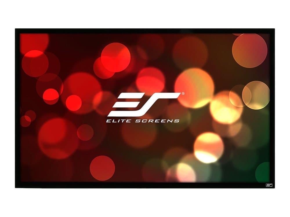 Elite Ez Projection Screen 2.54 M (100") features a sleek black frame with a smooth white surface, showcasing a vibrant bokeh background with the Elite Screens logo prominently displayed.