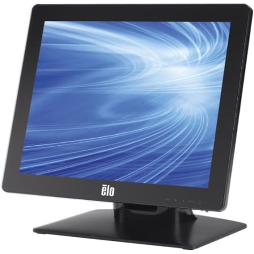15-inch black LCD monitor by Elo Touch Solutions, featuring a sleek design, a vibrant blue abstract display, and a sturdy base for stability.