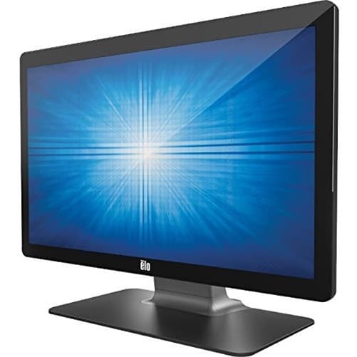 22-inch black LCD touchscreen monitor with a sleek design, featuring a vibrant blue display and a sturdy silver base, designed for interactive use.