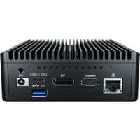 Black Elo Backpack mini PC with ribbed top, multiple ports including USB-C, HDMI, Ethernet, and power input.