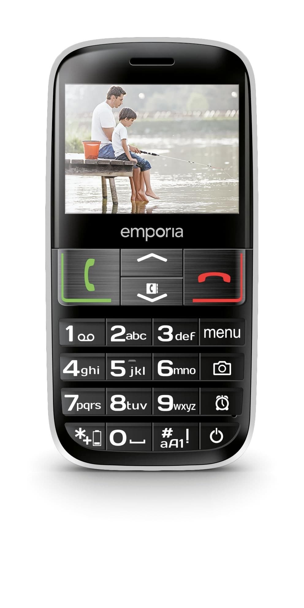Black Emporia ACTIVE LTE mobile phone featuring a 2.3-inch color screen, large buttons, a 2MP camera, and a simple layout, designed for elderly users.