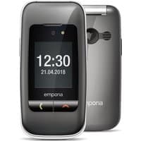 Black and grey Emporia ONE flip phone with 2.4" screen, date display, and rear camera.