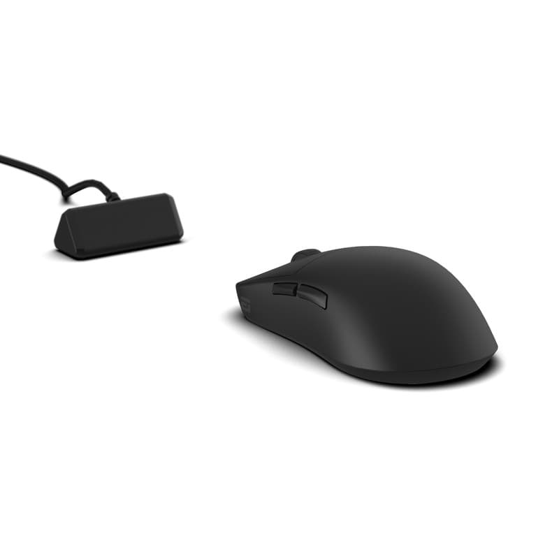 Black wireless gaming mouse with a sleek design, featuring customizable buttons and a compact shape, accompanied by a small USB receiver for connectivity.