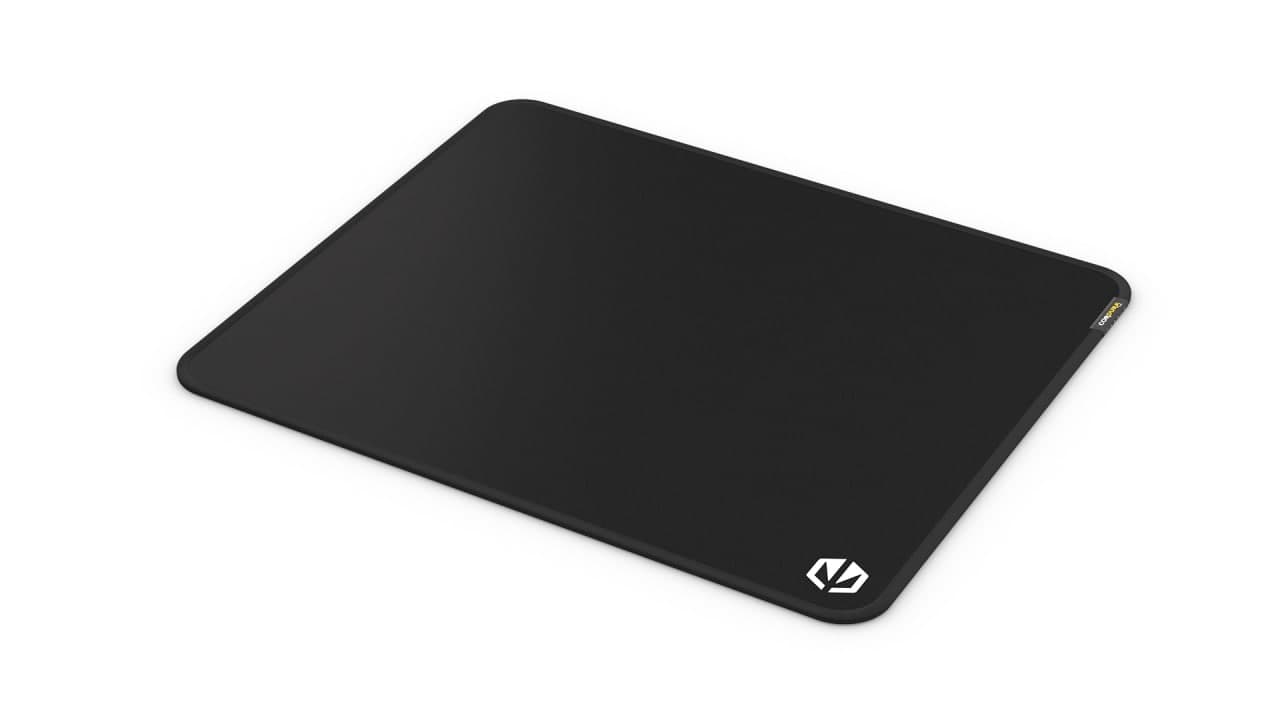 Black waterproof mouse mat made from Cordura material, measuring 400 × 450 × 3 mm, featuring a subtle logo in the bottom right corner.